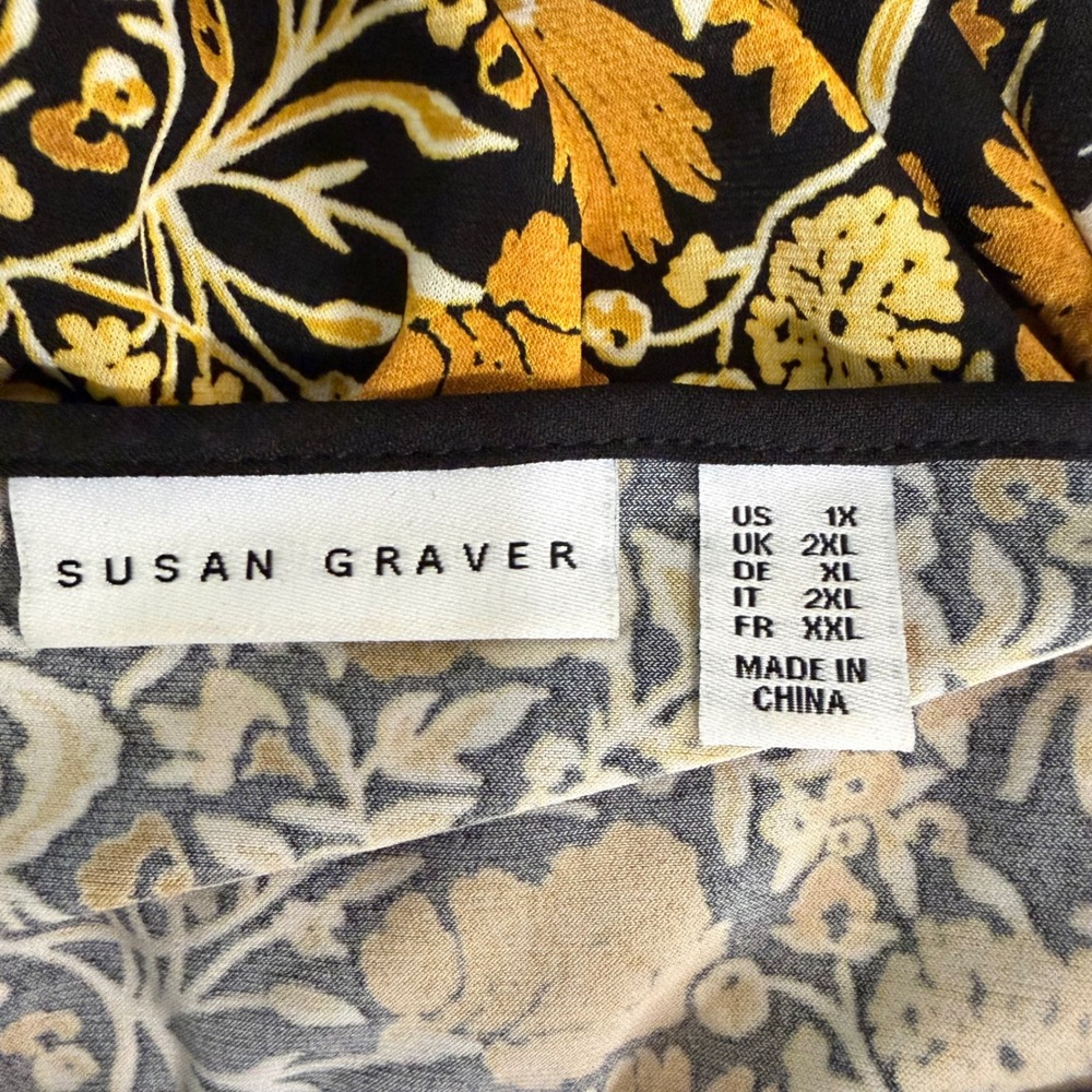 Susan Graver Tunic Top Womens 1X Floral Liquid Knit Split Neck Tie Boho Cottage - Picture 3 of 12